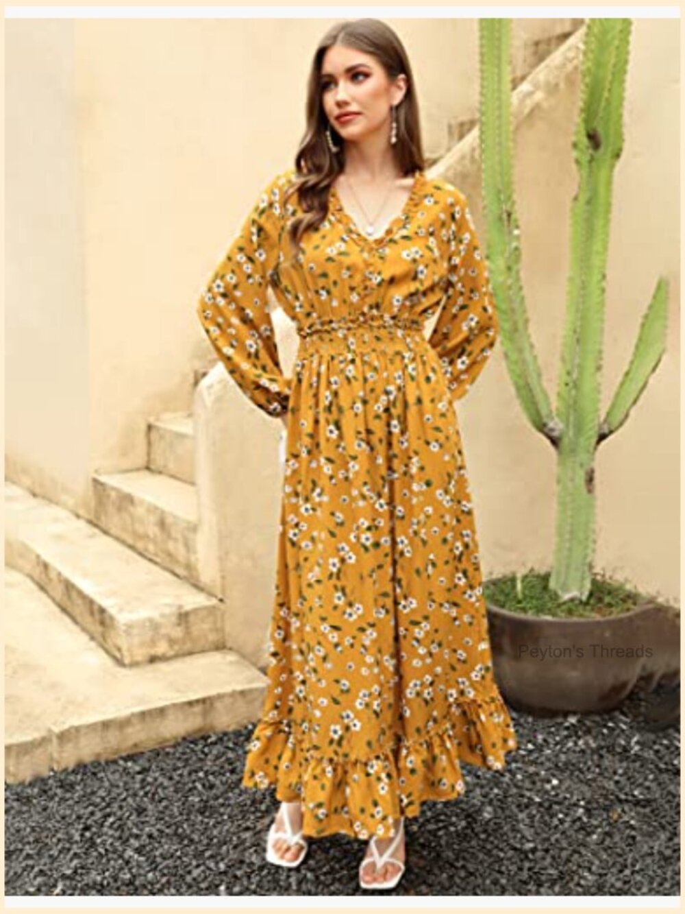 V Neck Boho Floral Print Maxi Dress Wedding Guest Flowy Bohemian Long Sleeve - Picture 2 of 7